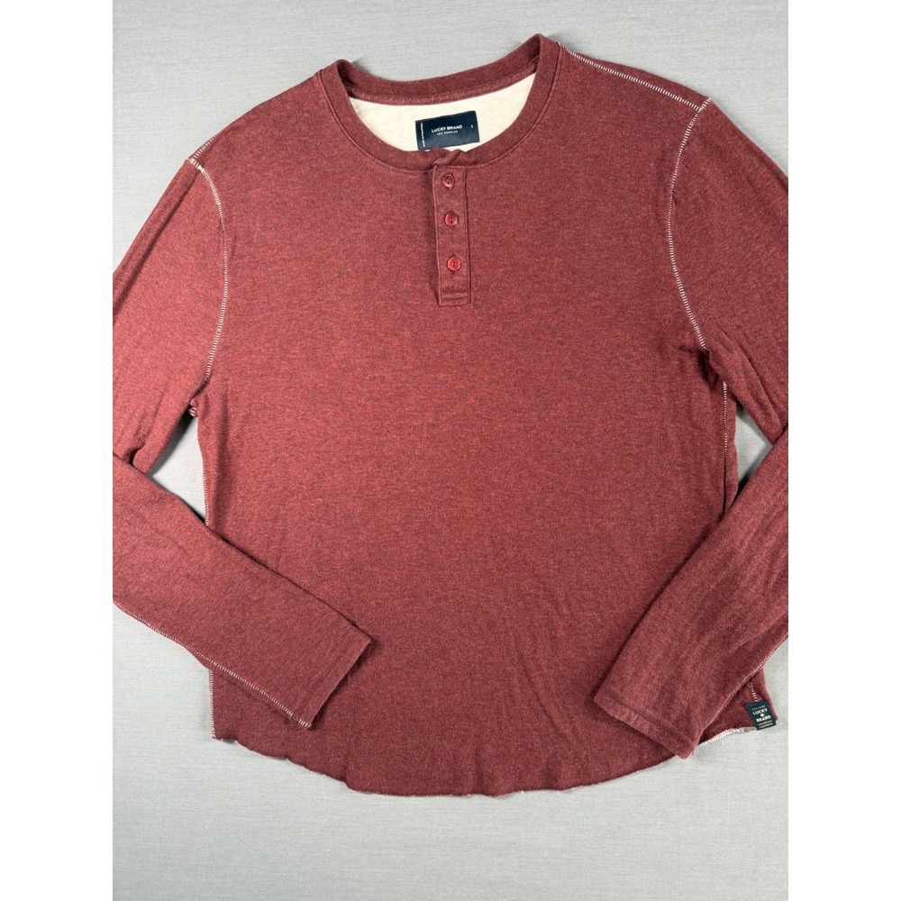 Lucky Brand Mens  Henley Long Sleeve Shirt Sz Large Maroon Cotton Thermal Y2K